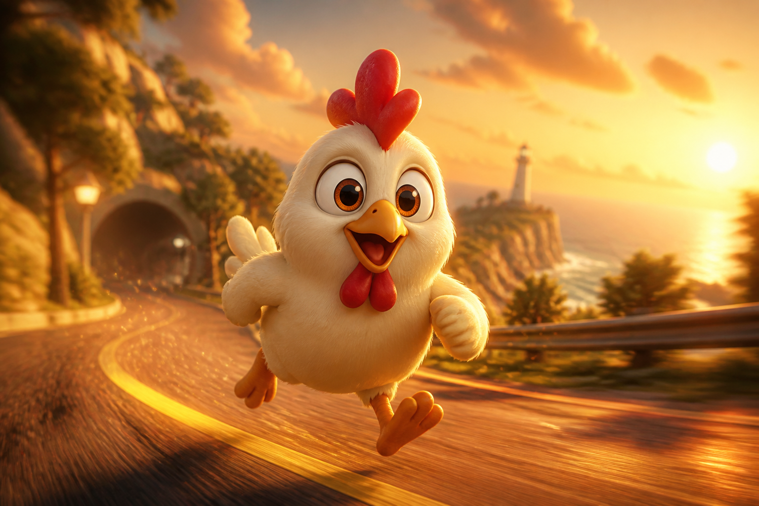 Gallina cartoon corriendo por la carretera — héroe PicoCorre